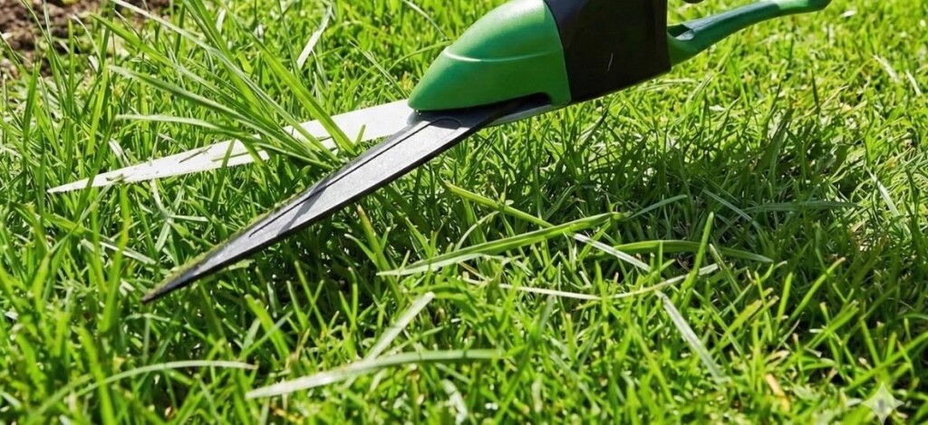 Grasschere schneidet Rasen